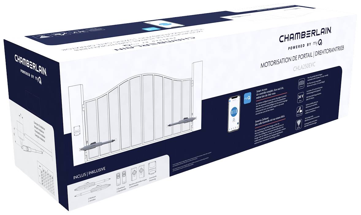 Product packaging for the Chamberlain Gate Opener featuring an image of a double-leafed gate and smartphone app control. Includes installation instructions.