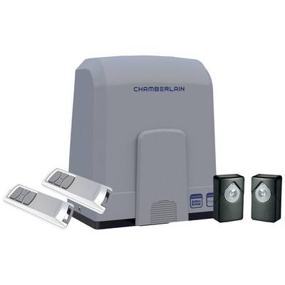 Grey electric gate drive system by Chamberlain with two remote controls and two sensors. Suitable for garage doors.