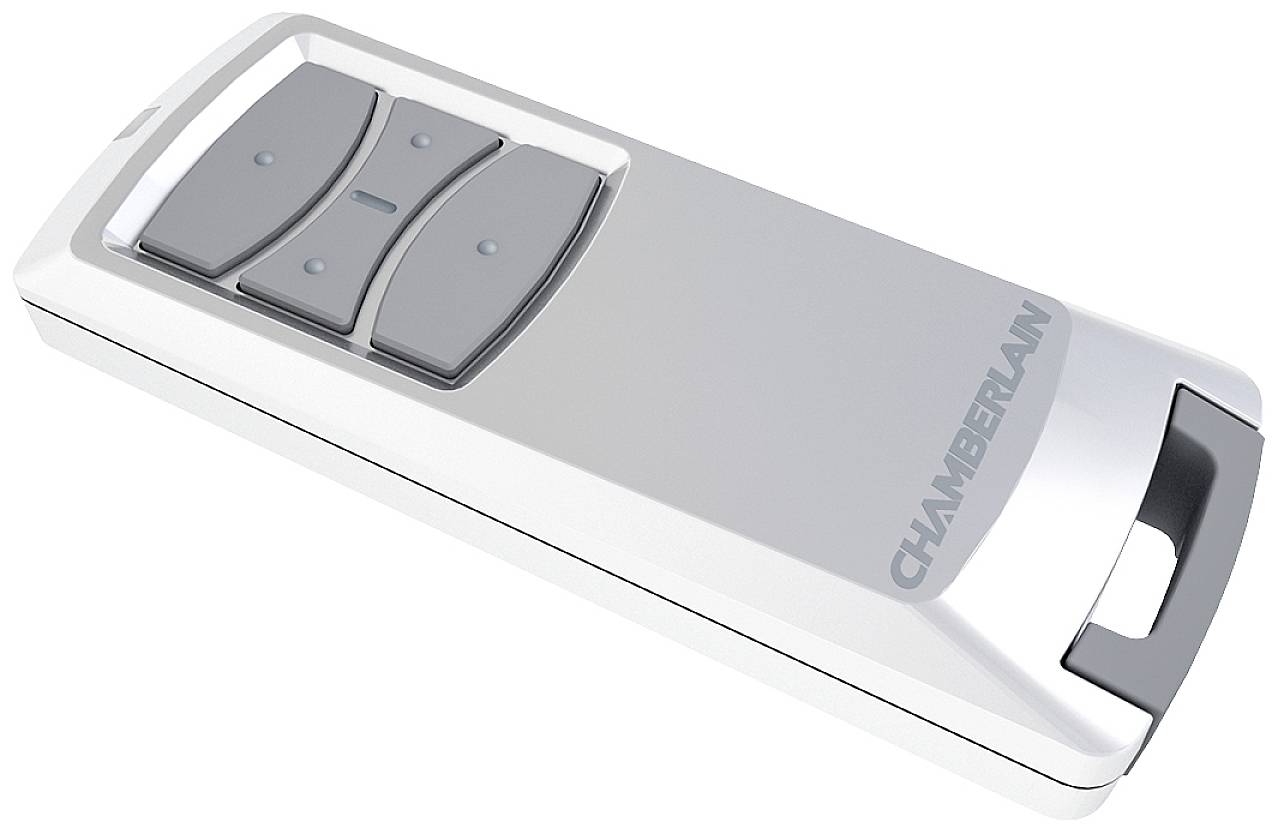Silver-coloured remote control with three buttons, two large grey ones and a small one in the middle. 'Chamberlain' written on the side.