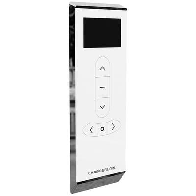Black and white remote control with display and buttons for up and down movement, along with two additional function buttons.