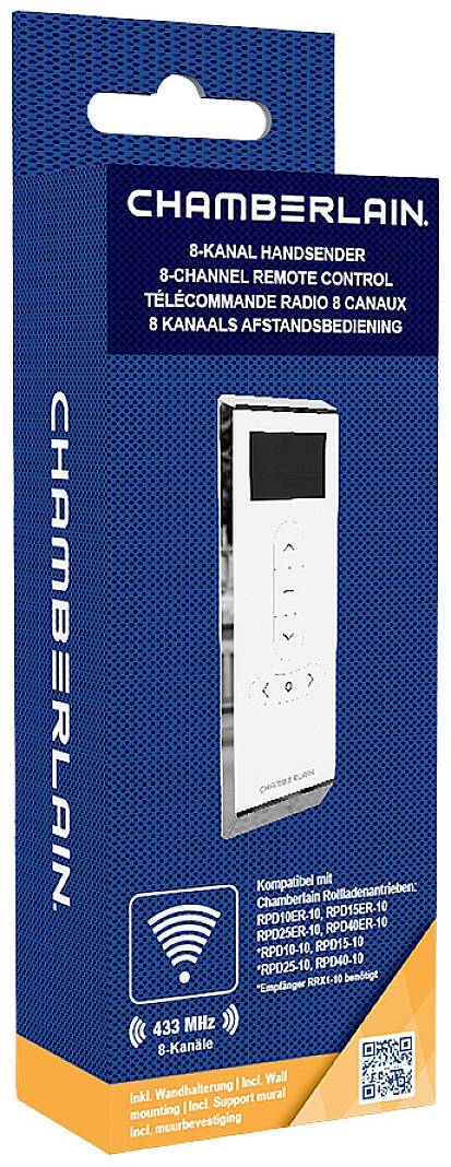 '8-Channel Handheld Remote' by Chamberlain. Packaging shows a garage door control remote with 433 MHz frequency.
