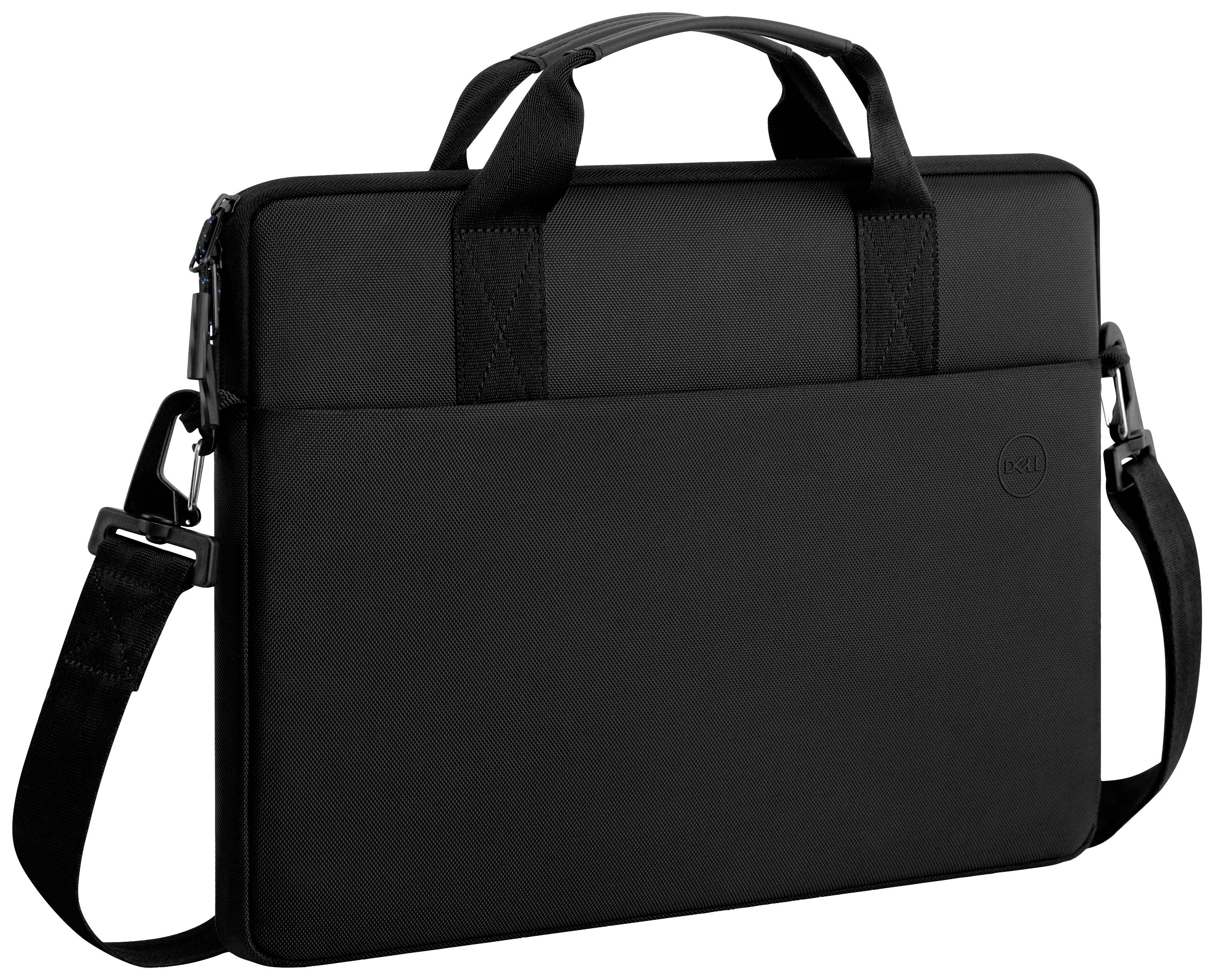 Black laptop bag with carry handles and detachable shoulder strap. Simple design, suitable for business and everyday use.