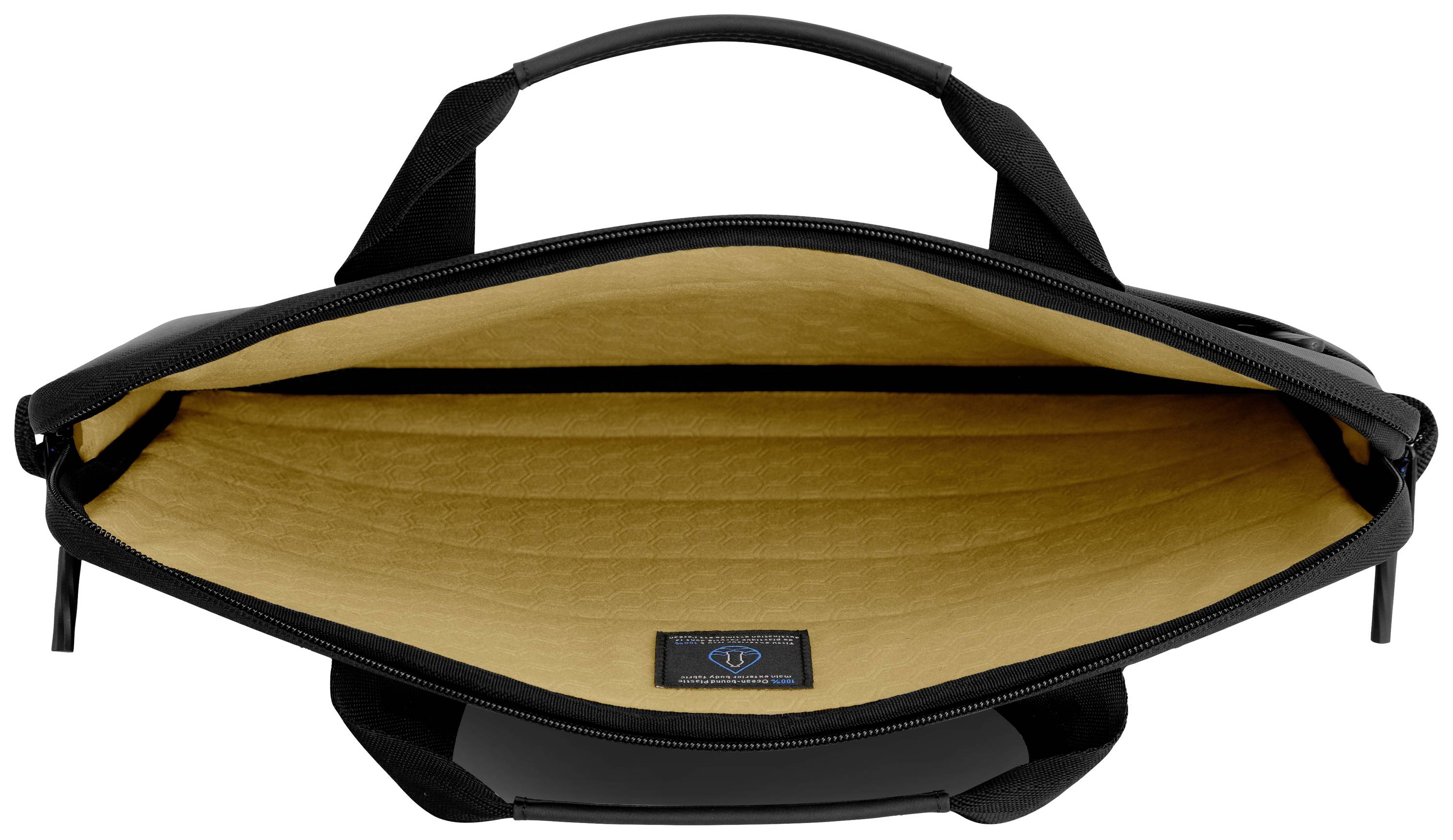 Opened black bag with beige inner lining, visible zip, and carry handles, suitable for laptops or documents.