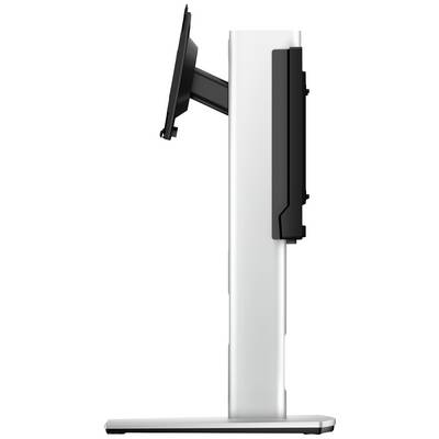 Side view of a white monitor stand with a black mounting arm tilted forwards.