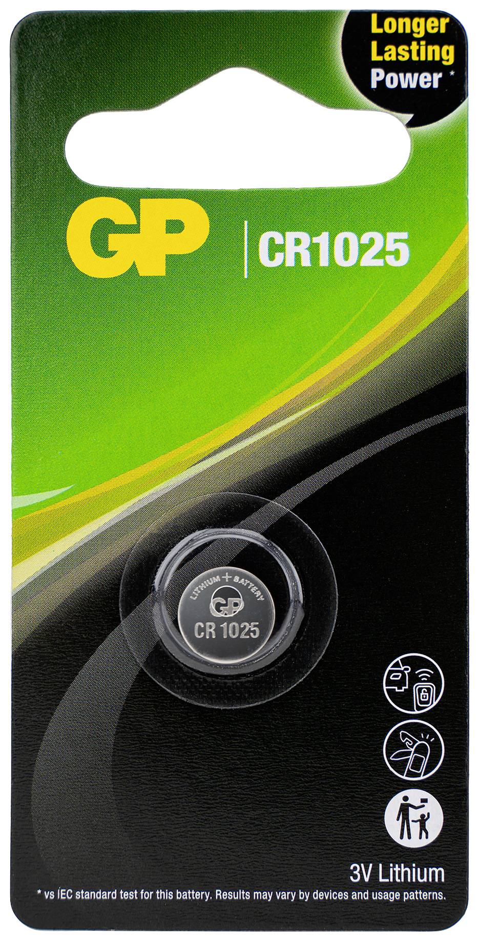 Packaging of a GP CR1025 3V lithium button cell with visible battery in the blister and print 'Longer Lasting Power'.