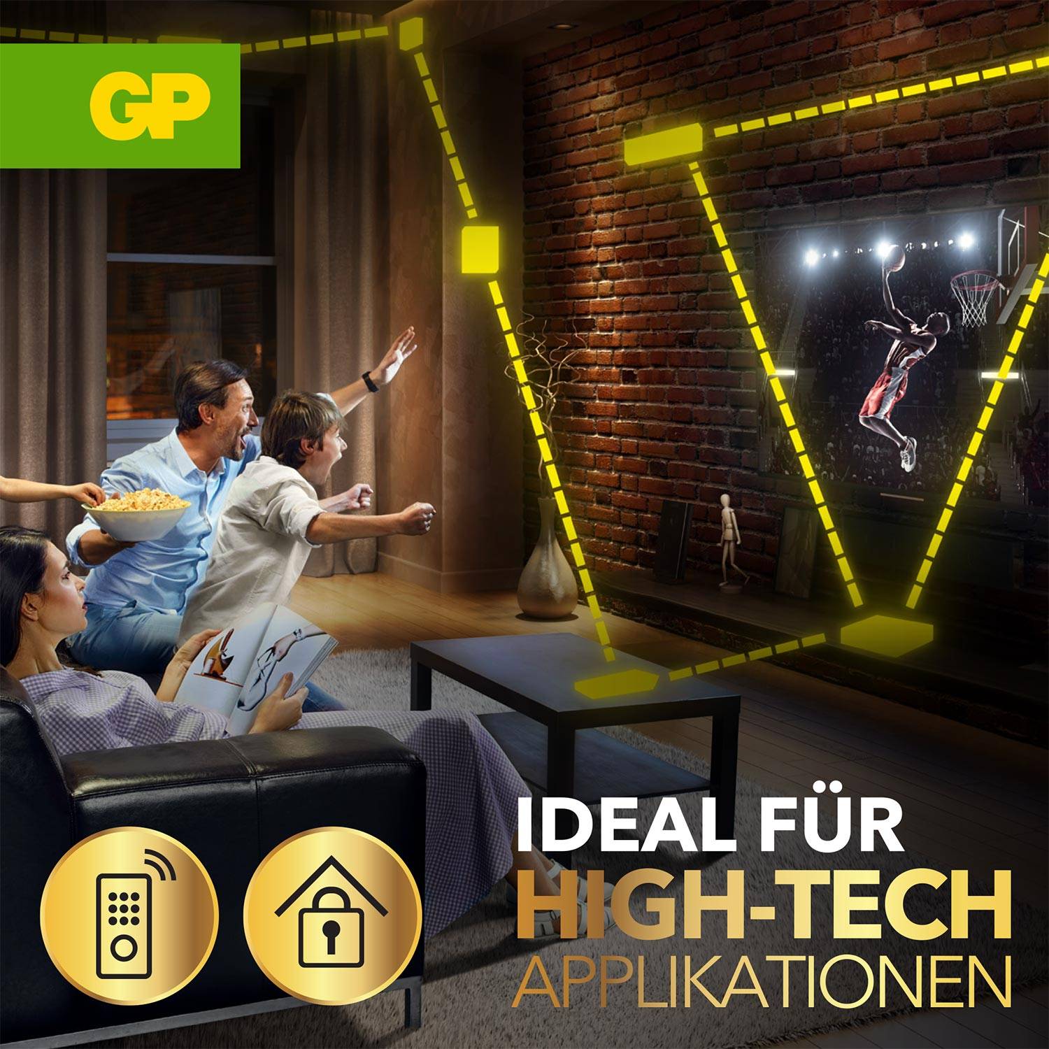 A family cheers whilst watching a basketball match on television. The text 'Ideal for high-tech applications' indicates the suitability of the product.