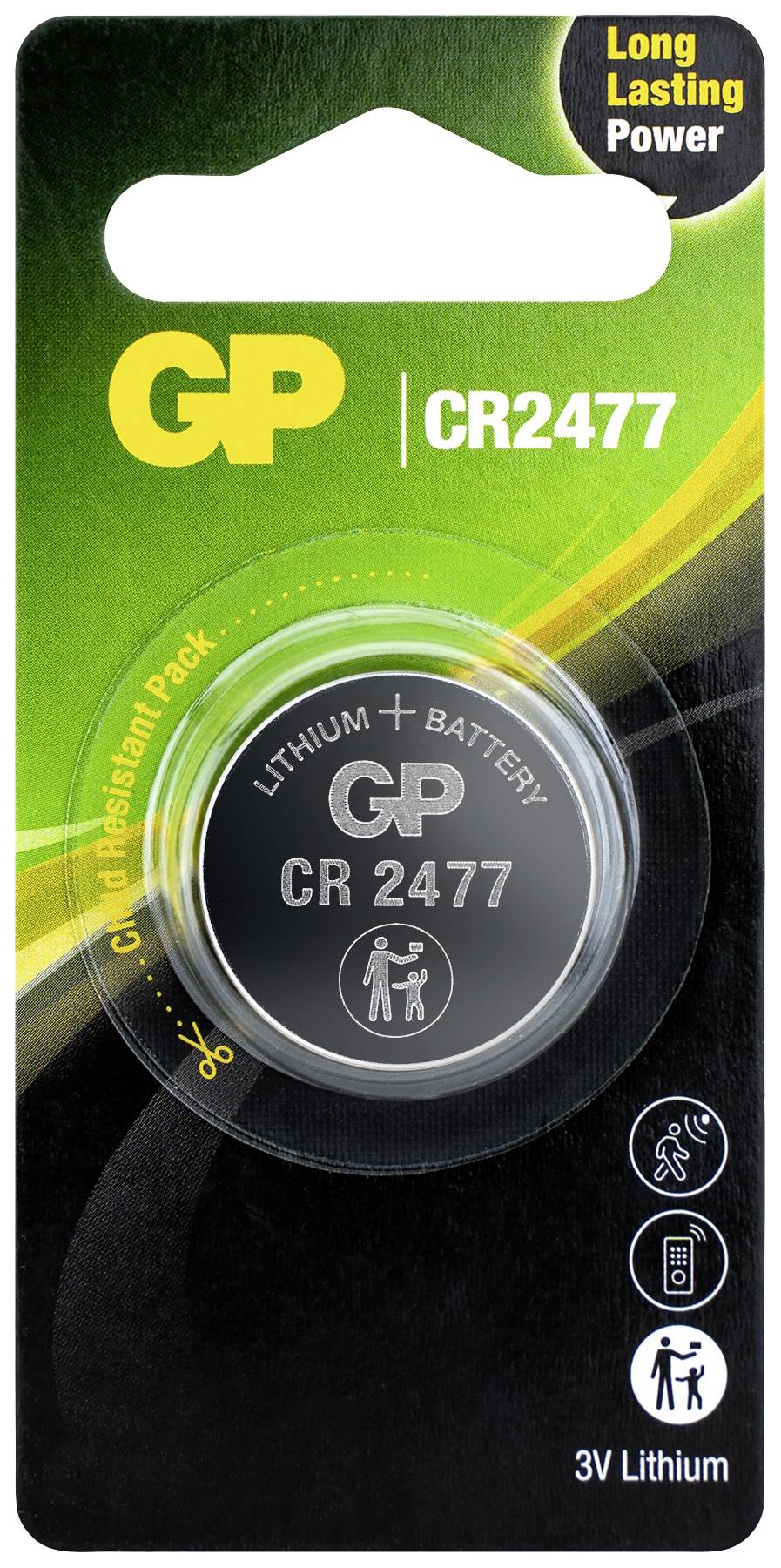 Lithium button cell battery CR2477 in packaging, brand name 'GP' visible, highlighted features: 'Long Lasting Power'.