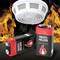 Smoke detector on the ceiling with flames in the background. Two 9V batteries beside it, each labelled 'Smoke Detector'.