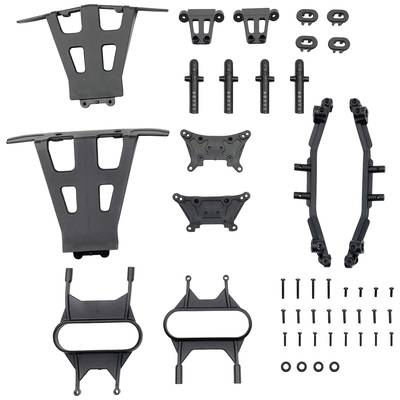 Several black plastic components with screws, forming a DIY assembly kit. Parts in various shapes and sizes.