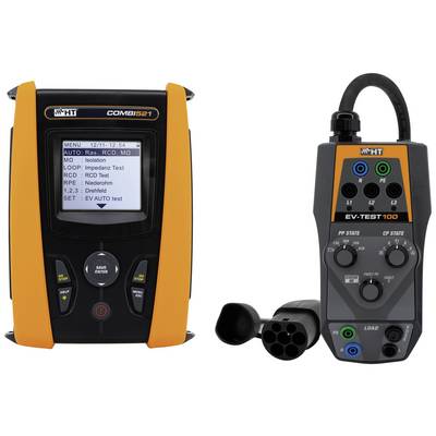 Multifunctional test device with a screen for electrical testing, alongside another device with buttons and cable winding.
