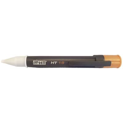 Pen-style voltage tester with a black body and orange tip, marked with 'HT 19'.