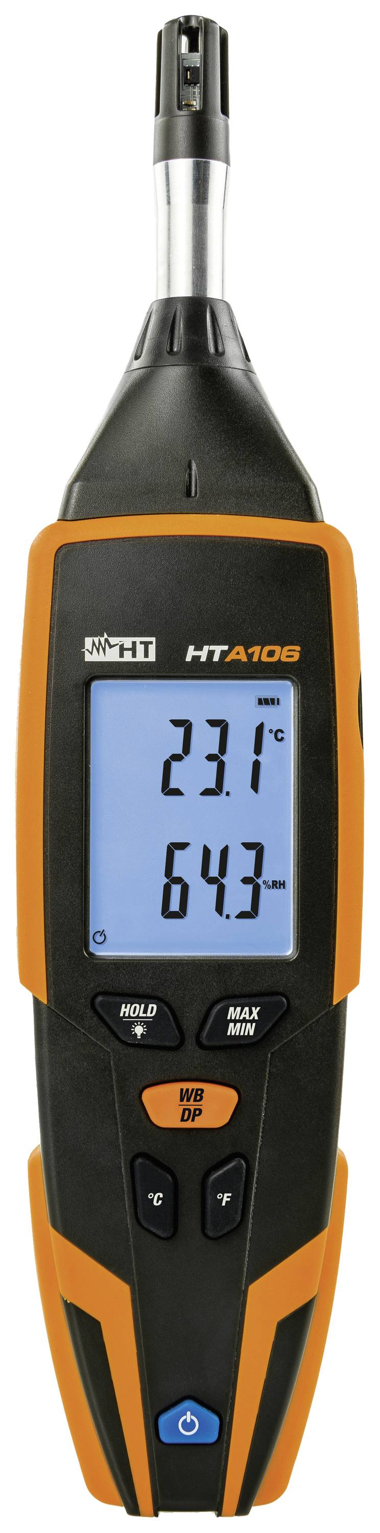Digital measuring device displaying temperature '23.1°C' and humidity '64.3%'. Device has a screen and buttons for operation.