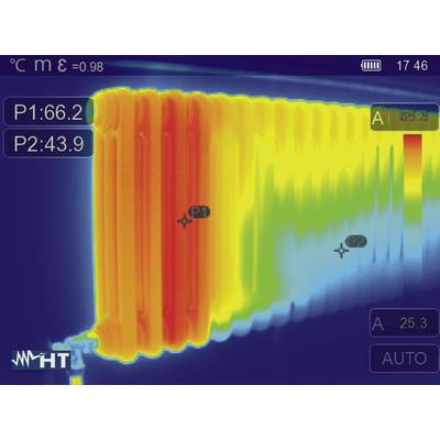 A thermal image shows a radiator. On the left, it is red and hot (approx. 66°C), on the right blue and cooler (approx. 25°C). Temperature progression is depicted.
