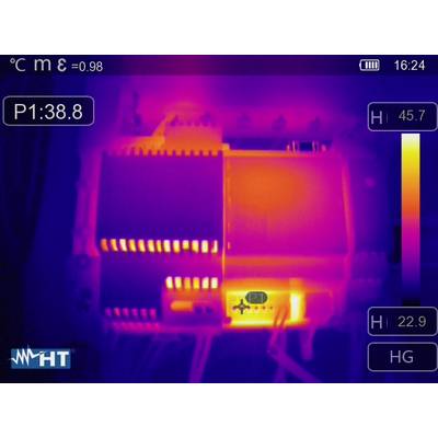Thermal imaging shows a device with hot and cool areas. Top left: Temperature 38.8°C. Right: high and low temperature indicators.