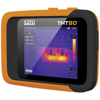 An orange-black thermal imaging device shows a thermal display with temperatures ranging from 44.7°C to 21.9°C and an average of 30.8°C.