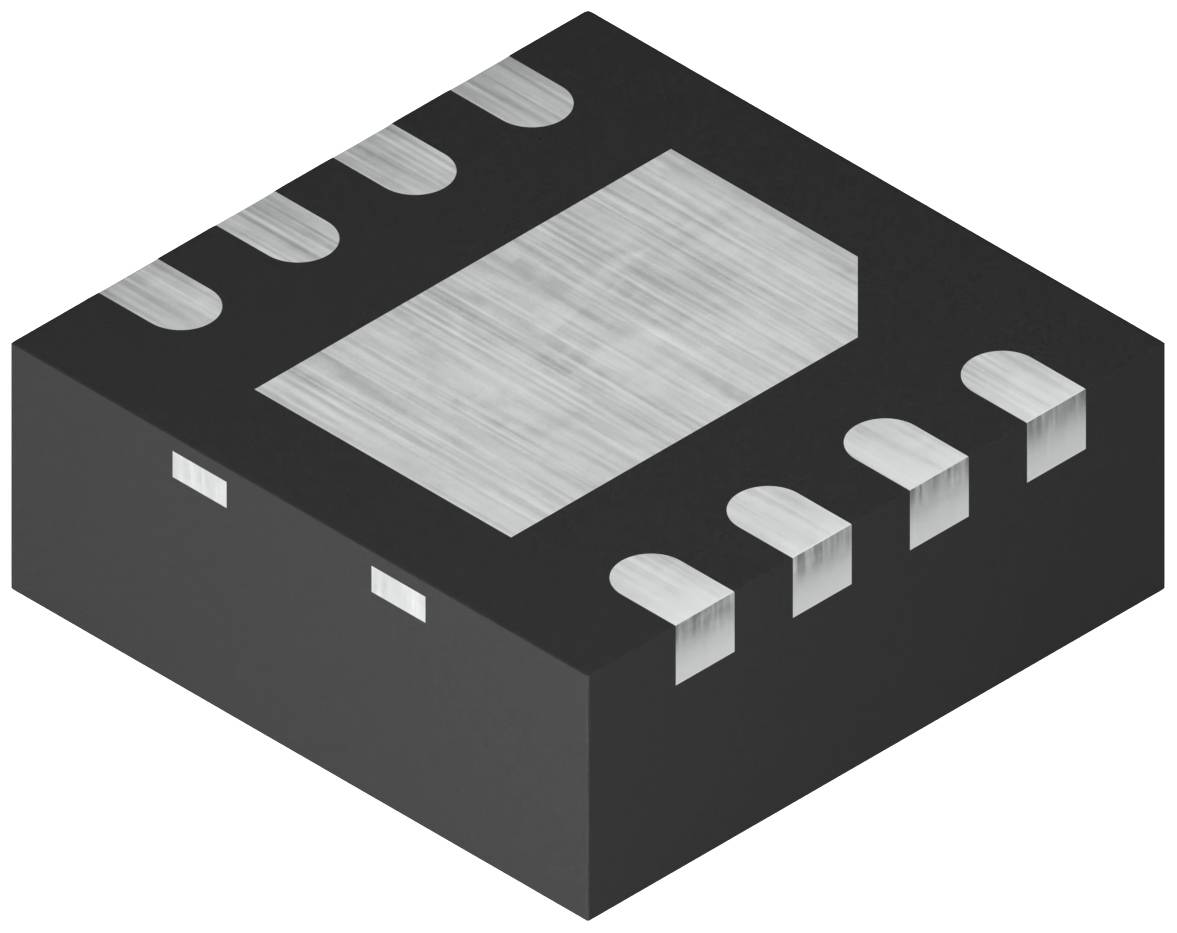 A black, square microchip with multiple connections on its sides shows the connection points for electronic interfaces.