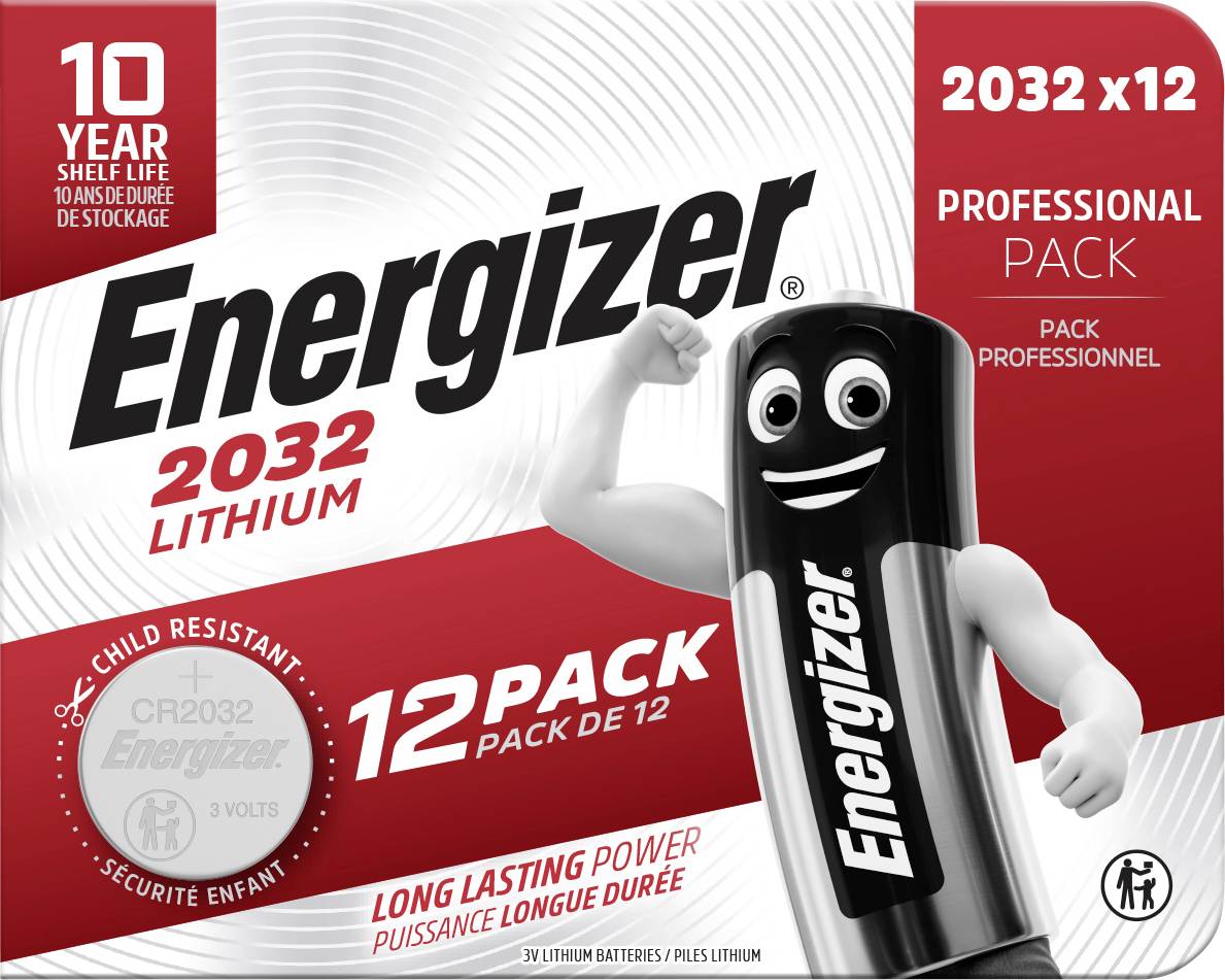 'Energizer 2032 lithium battery 12-pack. Features: 10-year shelf life, professional pack, child-resistant packaging.'
