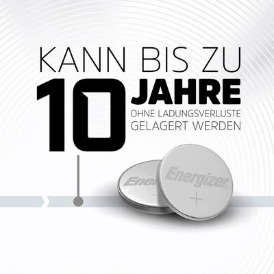 Two Energizer button cell batteries and text: 'Can be stored for up to 10 years without loss of charge'.