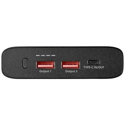 Black charger with two USB outputs and a USB-C port, labelled as 'Output 1', 'Output 2' and 'TYPE-C IN/OUT'.