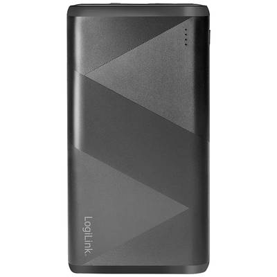 Black power bank by LogiLink with modern geometric design and four LED indicators for battery level display. Suitable for mobile charging.