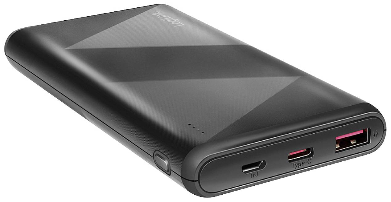 A black power bank with USB ports. It has a USB-A and a USB-C port and features an LED charging indicator.