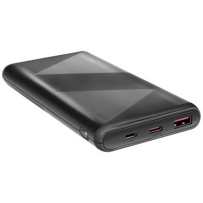 A black power bank with USB ports. It has a USB-A and a USB-C port and features an LED charging indicator.