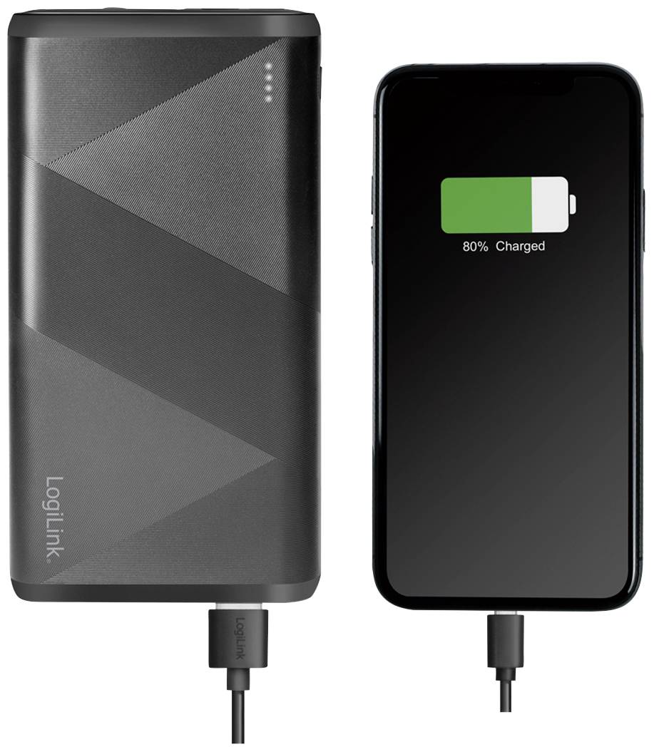 A power bank is charging a smartphone. The smartphone's battery level is 80%.