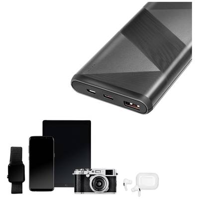 A black power bank is in focus, with devices such as a smartwatch, smartphone, tablet, camera, and headphones displayed beneath it.