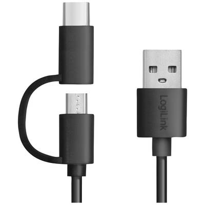 Two-in-one cable with USB connection and detachable USB-C/Micro-USB adapter. Suitable for various technology devices.