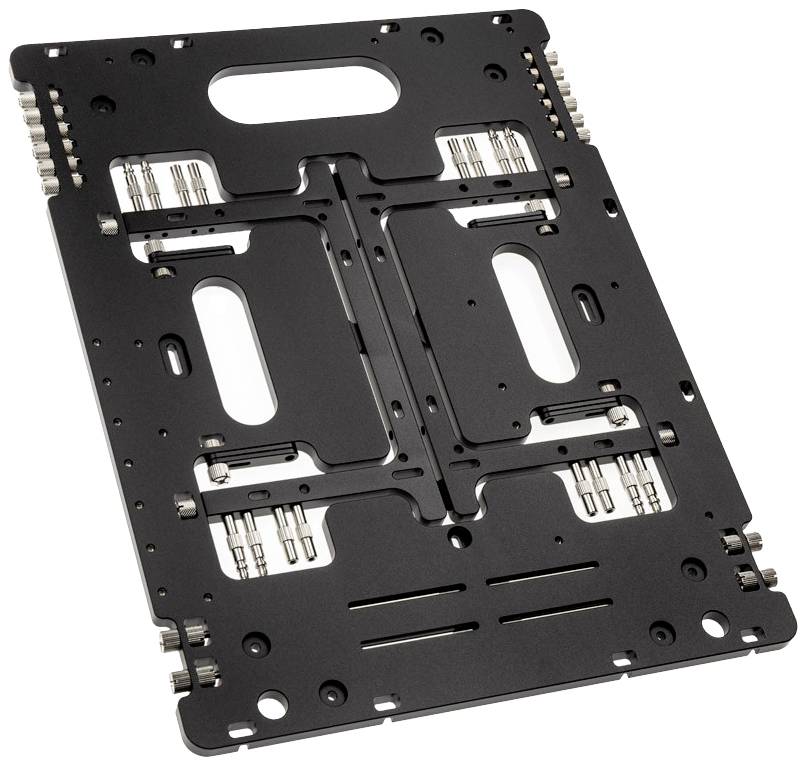 Metal mounting frame with multiple openings and screw holes for securing devices or components in a technical context.