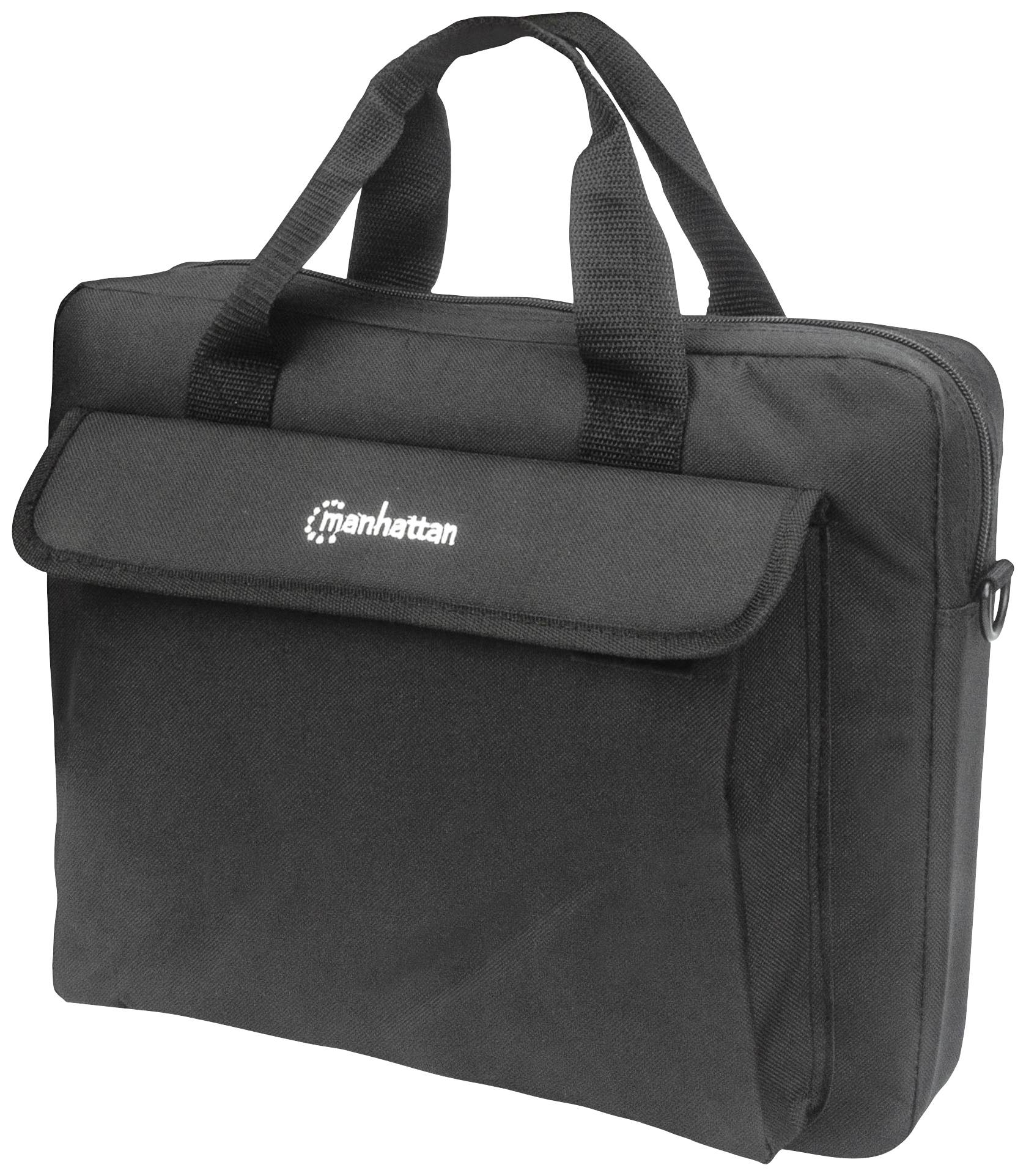 Black laptop bag with two carry handles, front zip and lid featuring 'manhattan' logo.