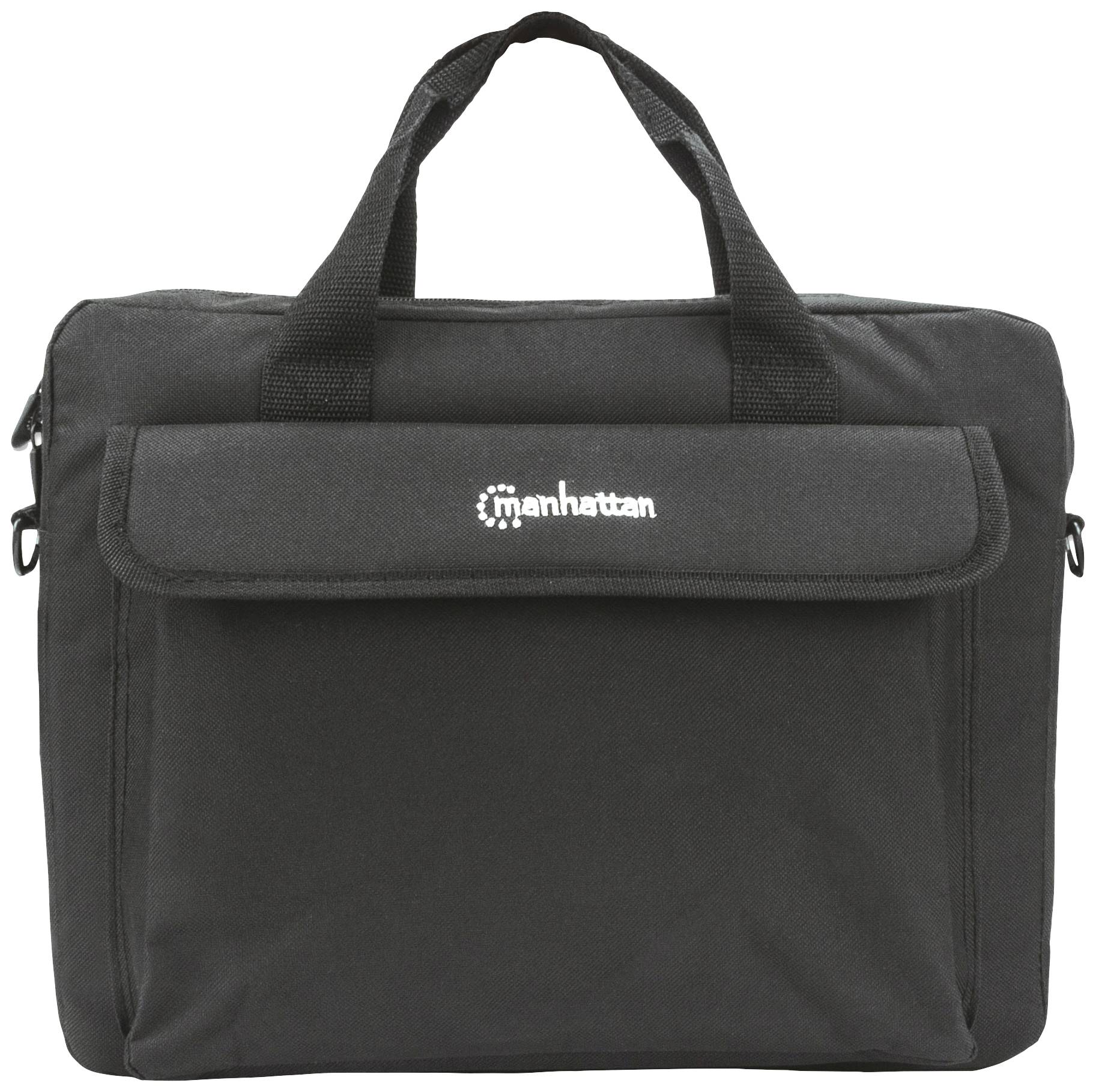 Black laptop bag with handles and the brand name 'Manhattan' on the flap.