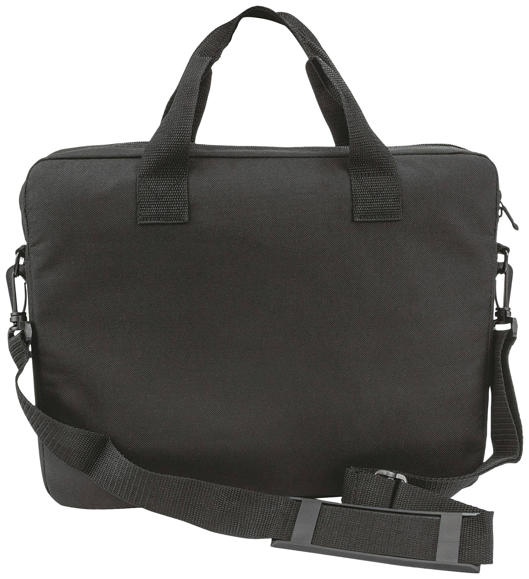 A black laptop bag with carry handles and a detachable shoulder strap, suitable for transporting laptops or documents.