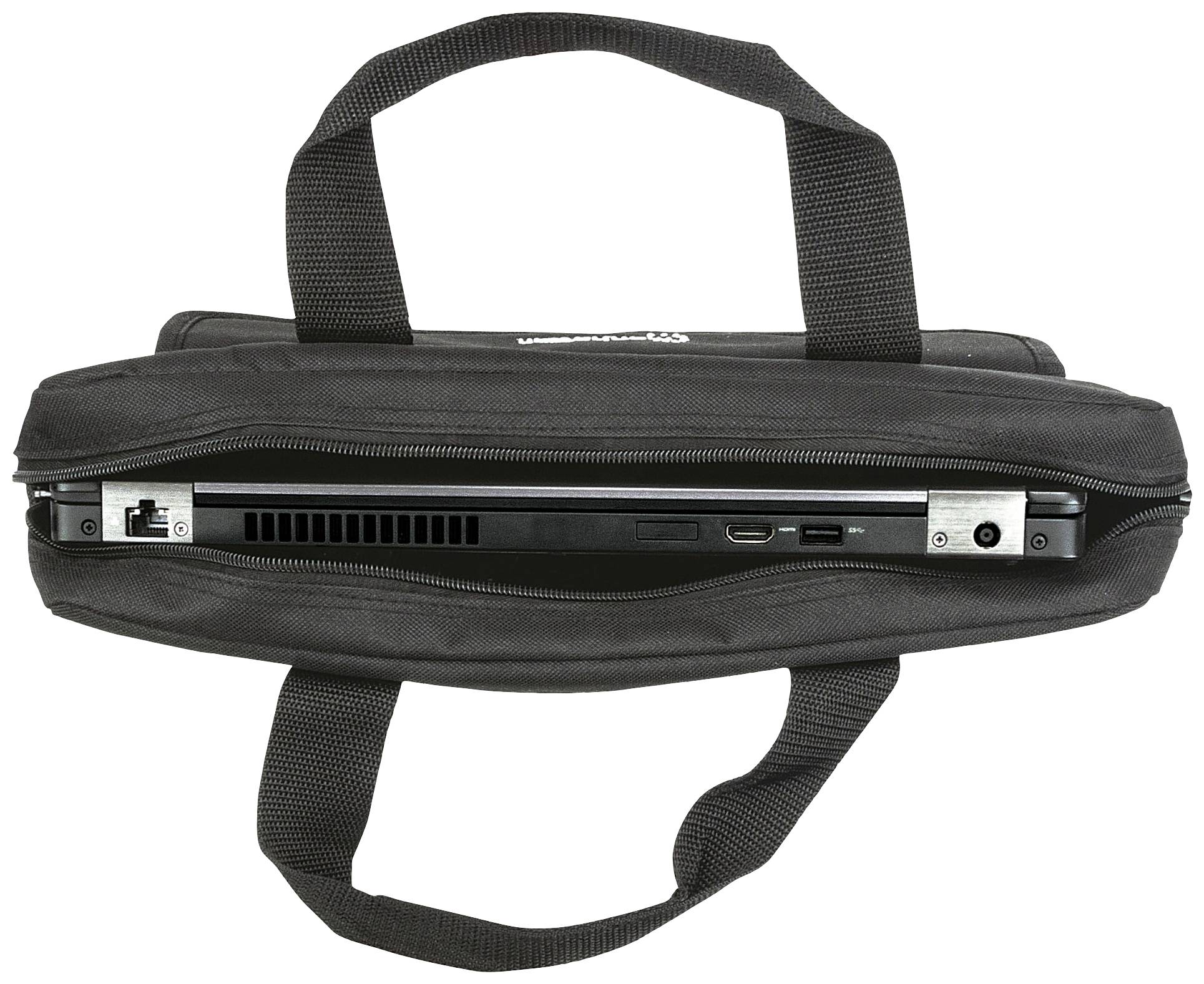 A black laptop bag with a zip is slightly open. Inside, laptop interfaces are visible, including HDMI and USB.