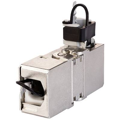 Metallic network plug with a black plastic cable at the upper end. Suitable for data transmission in IT systems.