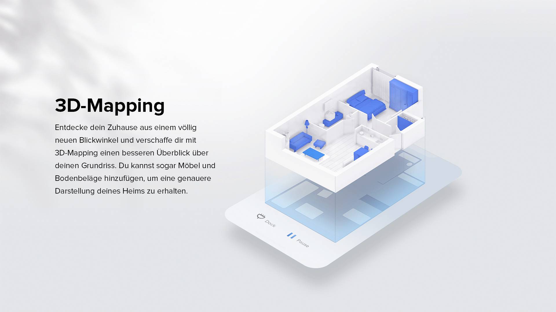 '3D Mapping' text on a white background next to a 3D model of a room. Description explains how mapping improves overview of spatial design.