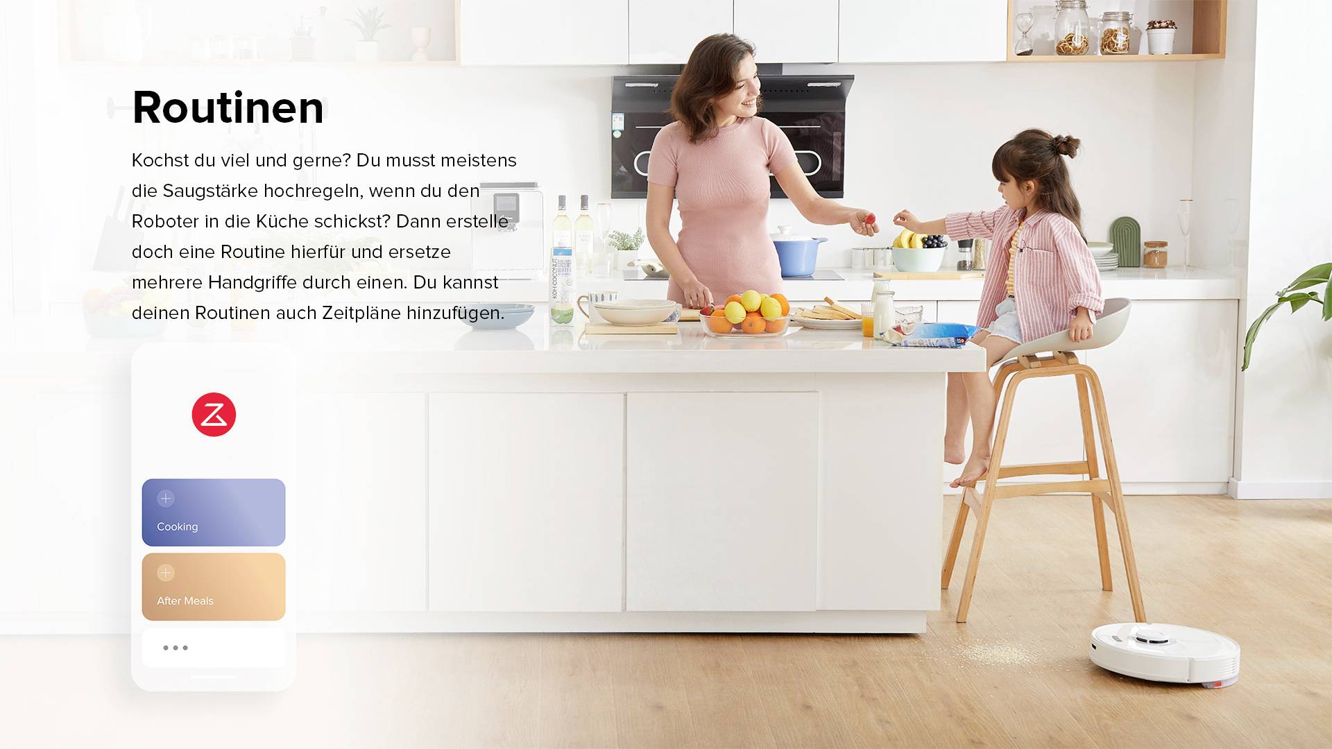 A woman is cooking with a child in a modern kitchen. A robotic vacuum cleaner is on the floor. Text describes routines for the robotic vacuum cleaner.