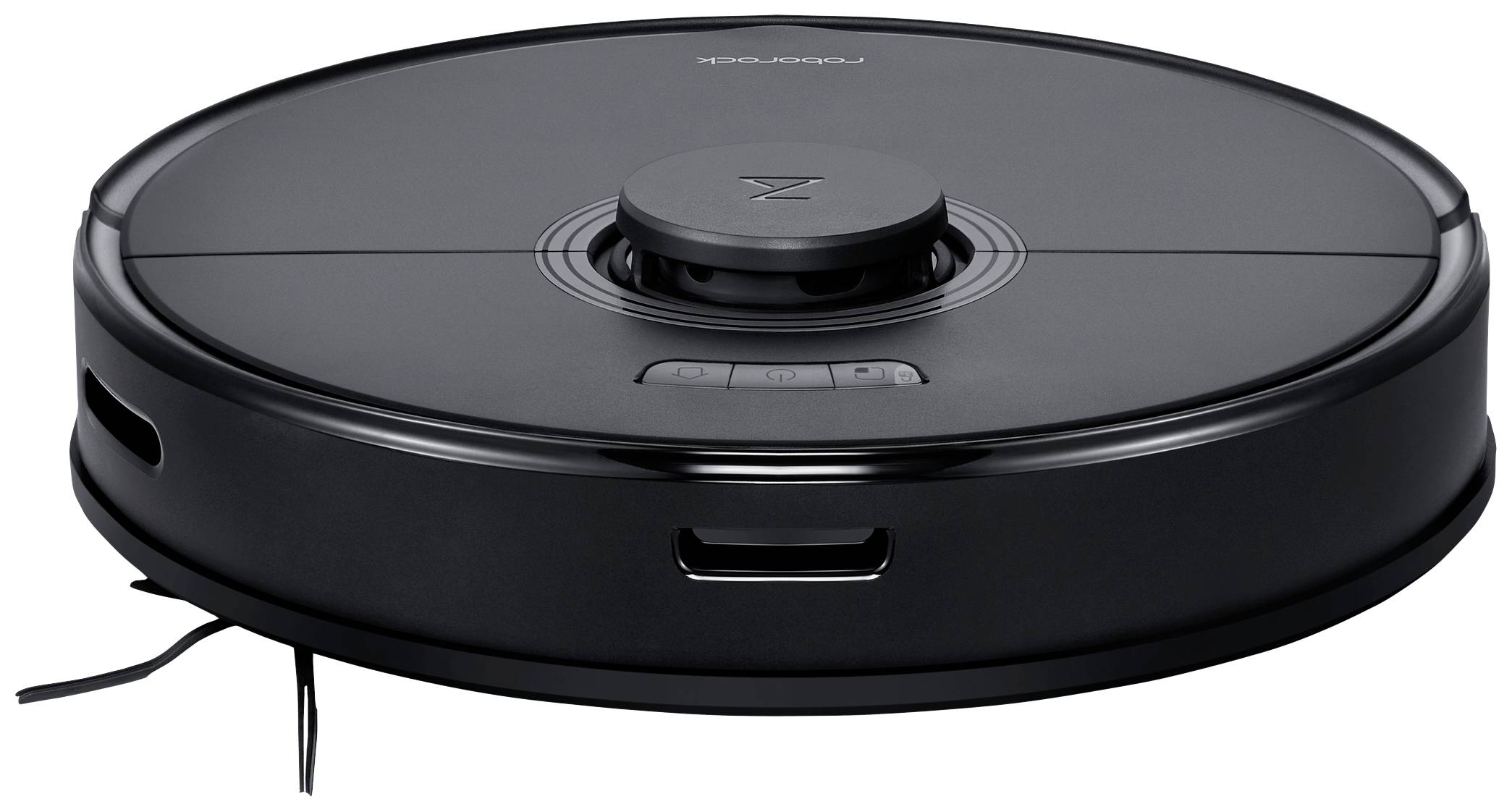 A black robotic vacuum cleaner on a white background. The robot has a round shape and is equipped with sensors for navigation.