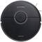A black, round robot vacuum with a central button and the inscription 'roborock' on the front.