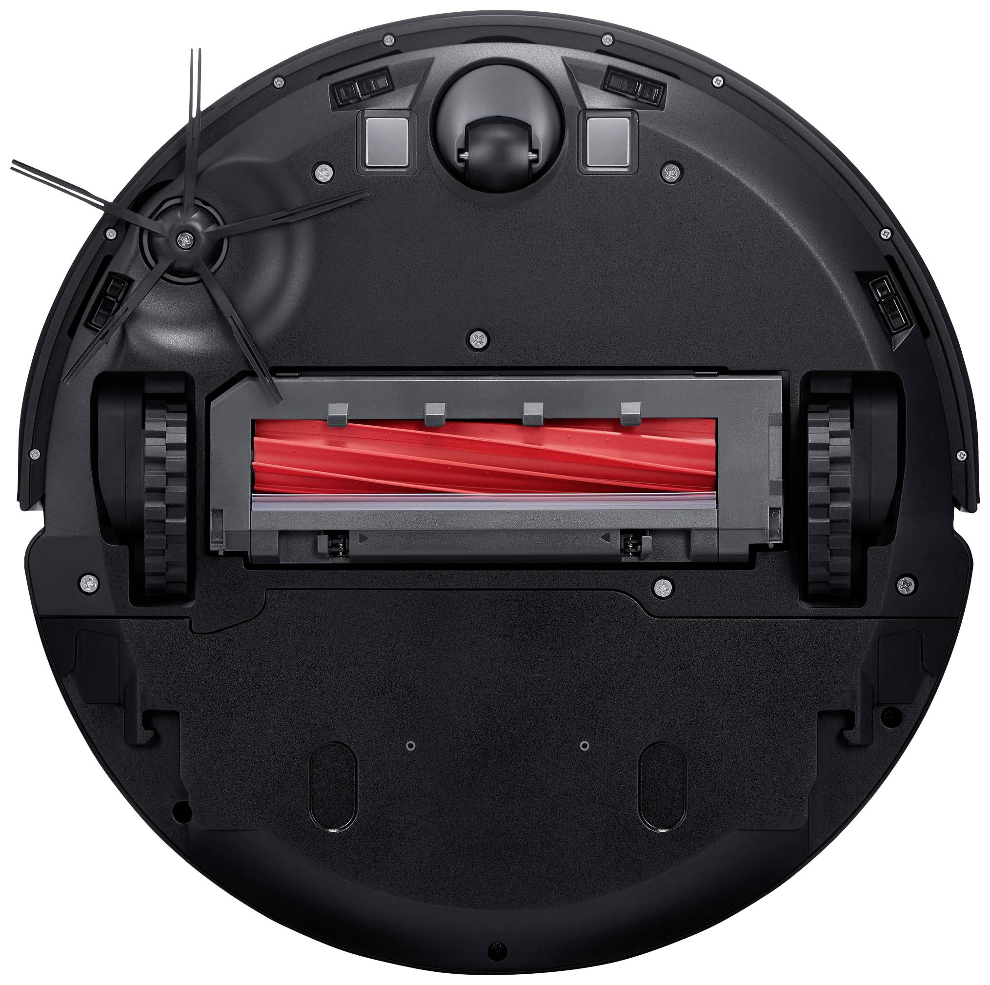 The underside of a robotic vacuum cleaner with two wheels, a rotating brush, and a side brush attachment.