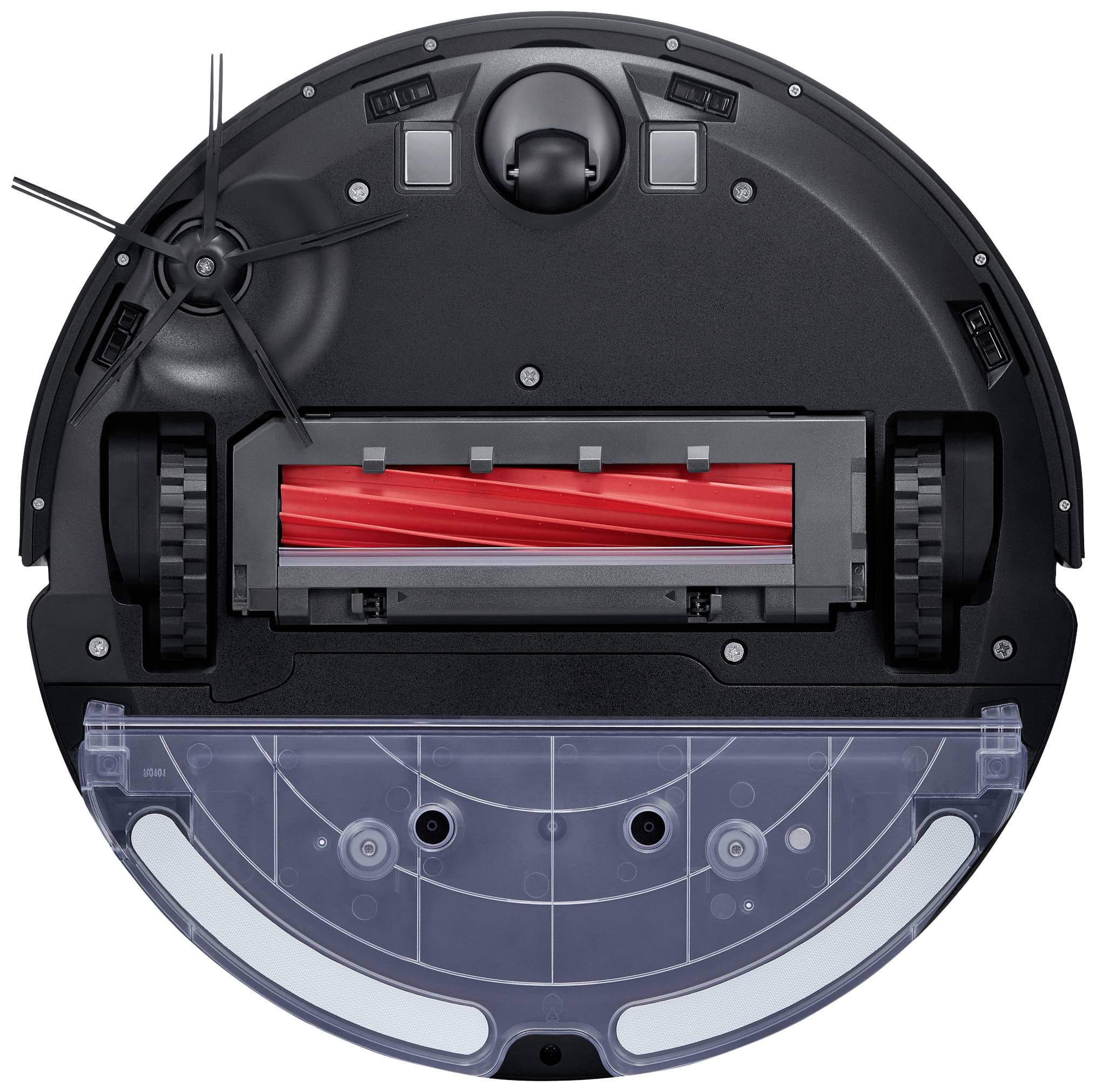 A round robot vacuum viewed from underneath, showing brushes, wheels, and dust container.