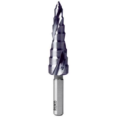 High-speed steel step drill bit with four cutting edges, graduated conical shape, label on the shank side.