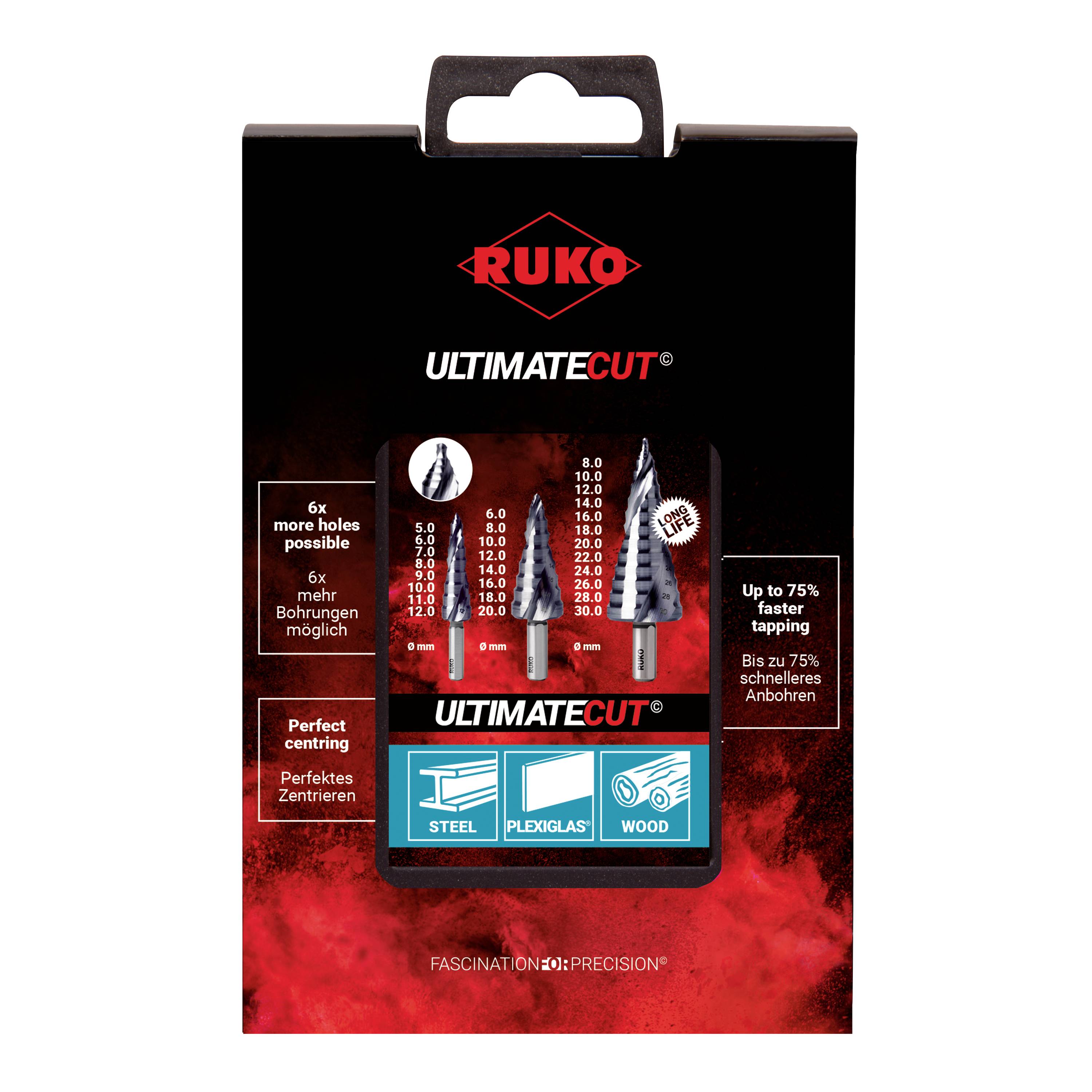 'Three different stepped drill bits by Ruko, suitable for steel, Plexiglas and wood. Includes information on drill bit sizes and potential applications.'