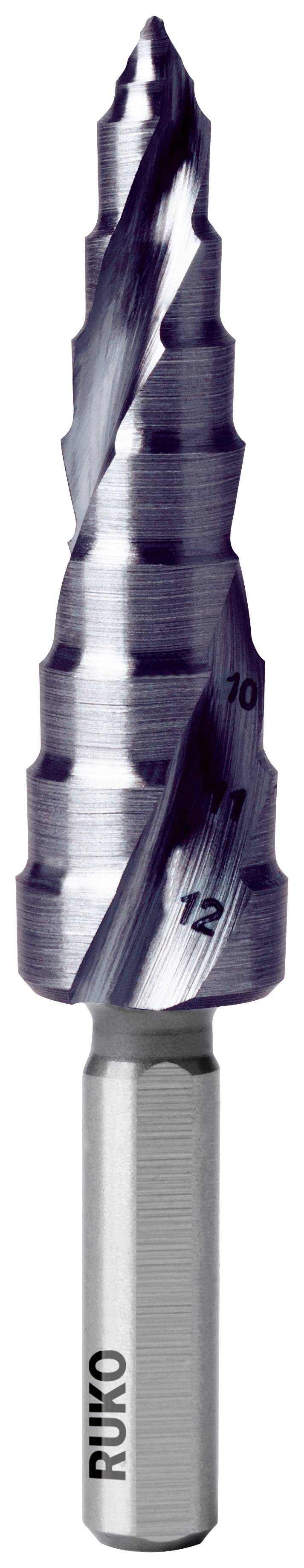 A silver-coloured cone or stepped drill bit with black-marked steps for use in metalworking.