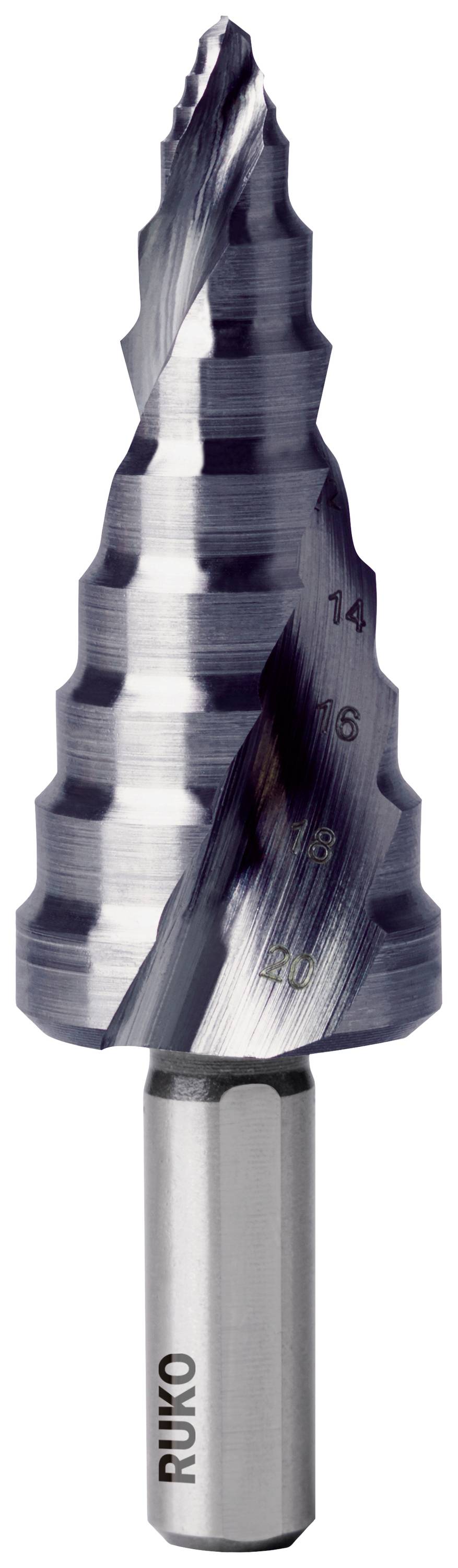 Metal stepped drill bit with multiple staged cutting edges for machining various hole sizes.