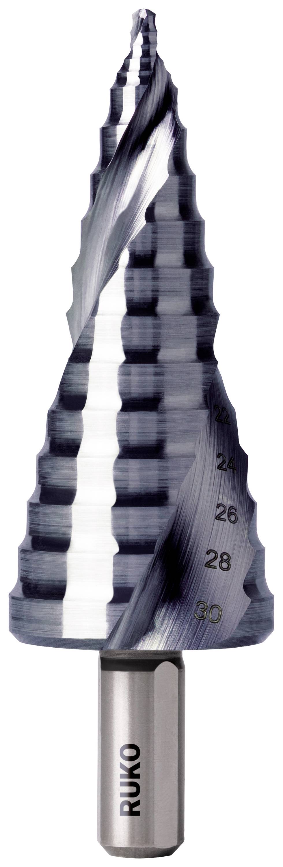A silver stepped drill bit with a spiral cutting edge. Suitable for drilling holes of varying diameters in metal.