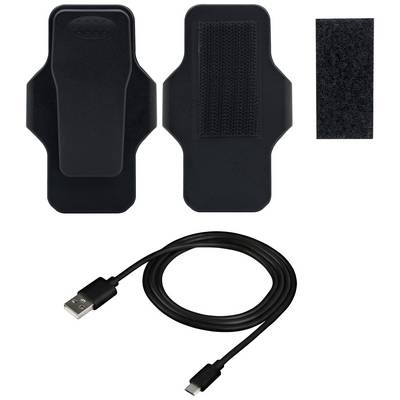 'Black accessory set with cable and hook and loop fasteners.'