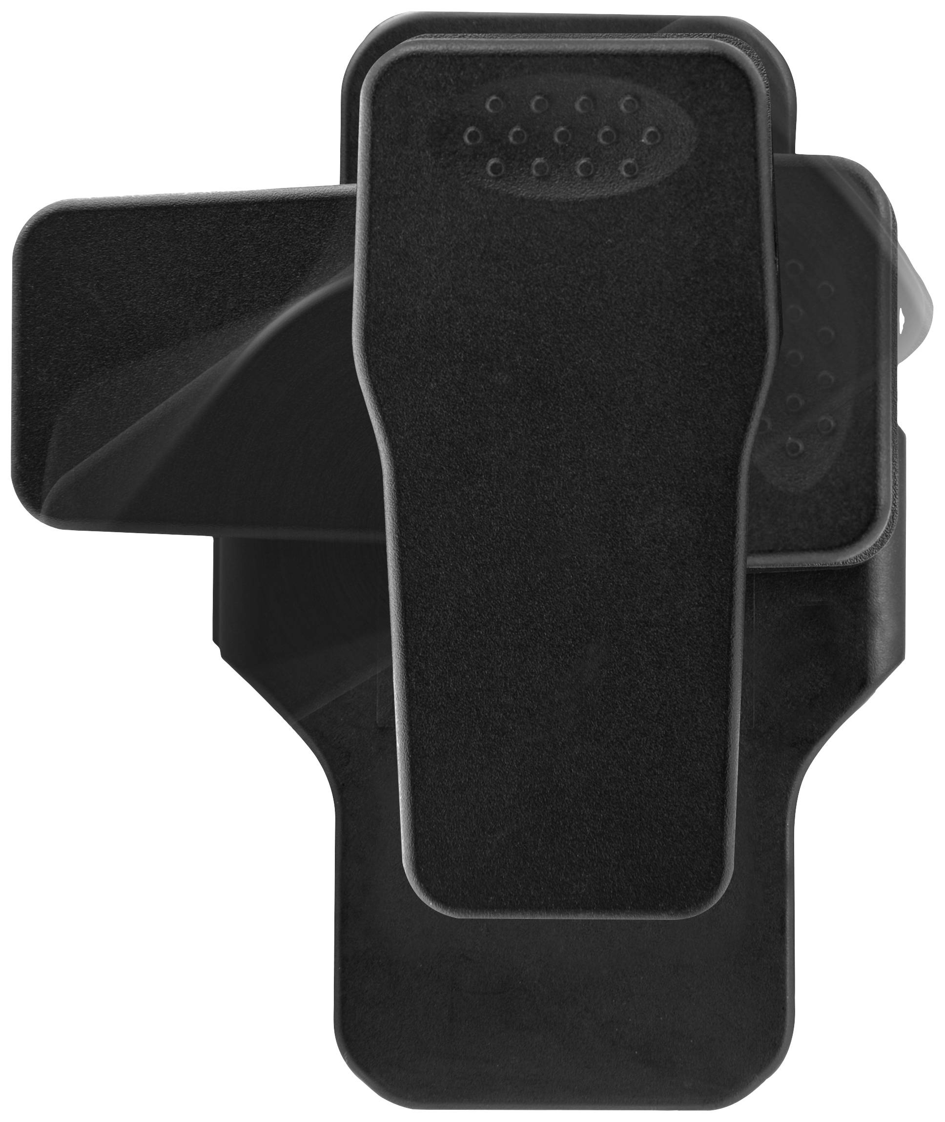 Black plastic belt clip in a minimalist design, suitable for attaching to belts or bags.