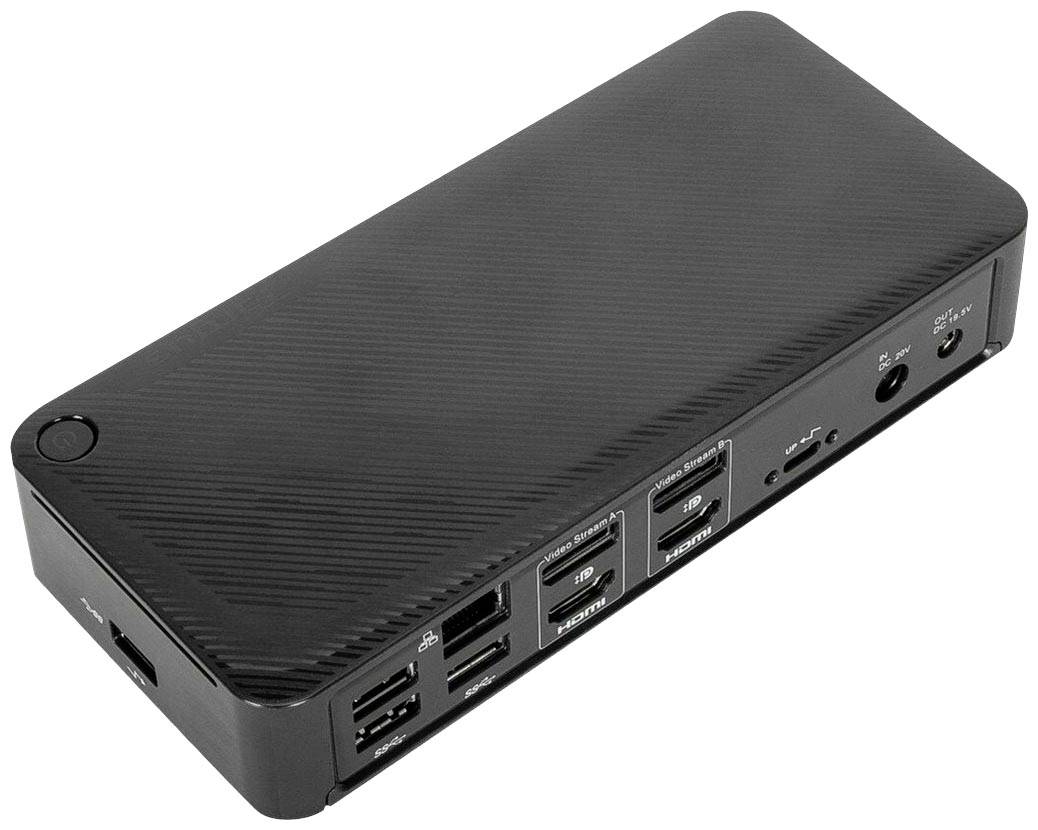 Black multi-port USB docking station with multiple connections, including USB and HDMI ports, for connecting various devices.