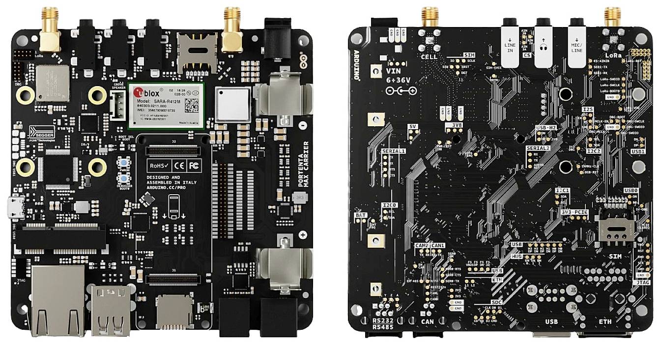 Two electronic main circuit boards with various ports and components. On the left, communication elements are recognisable. On the right, printed circuit tracks are visible.